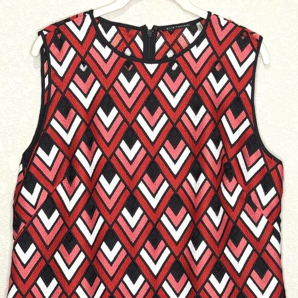 Elie Tahari Shift Dress Womens 14 Red Black White Sleeveless Chevron Scallop Hem - Picture 4 of 8